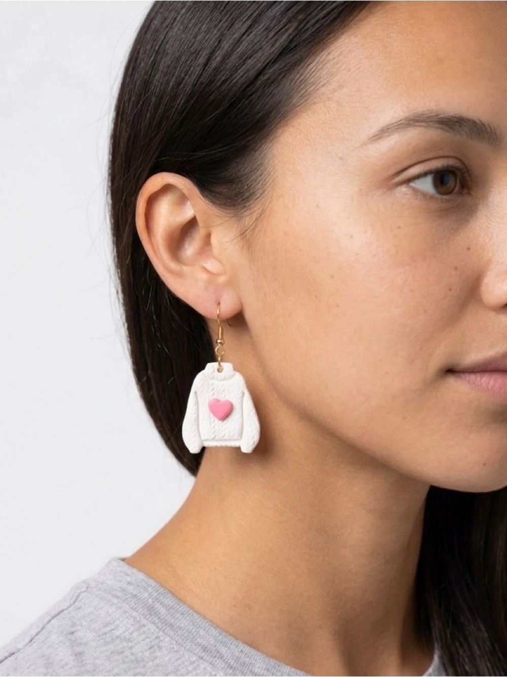 White Knit Sweater Pink Heart Earrings